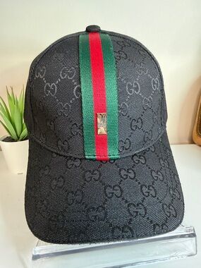 Gucci Black Monogram Cap with Signature Red and Green Stripe
